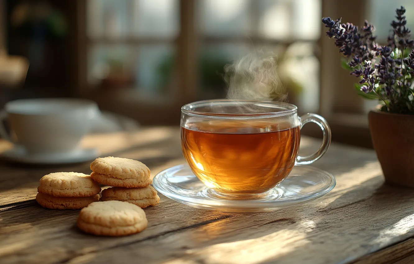 Photo wallpaper glass, flowers, table, tea, Board, morning, cookies, window