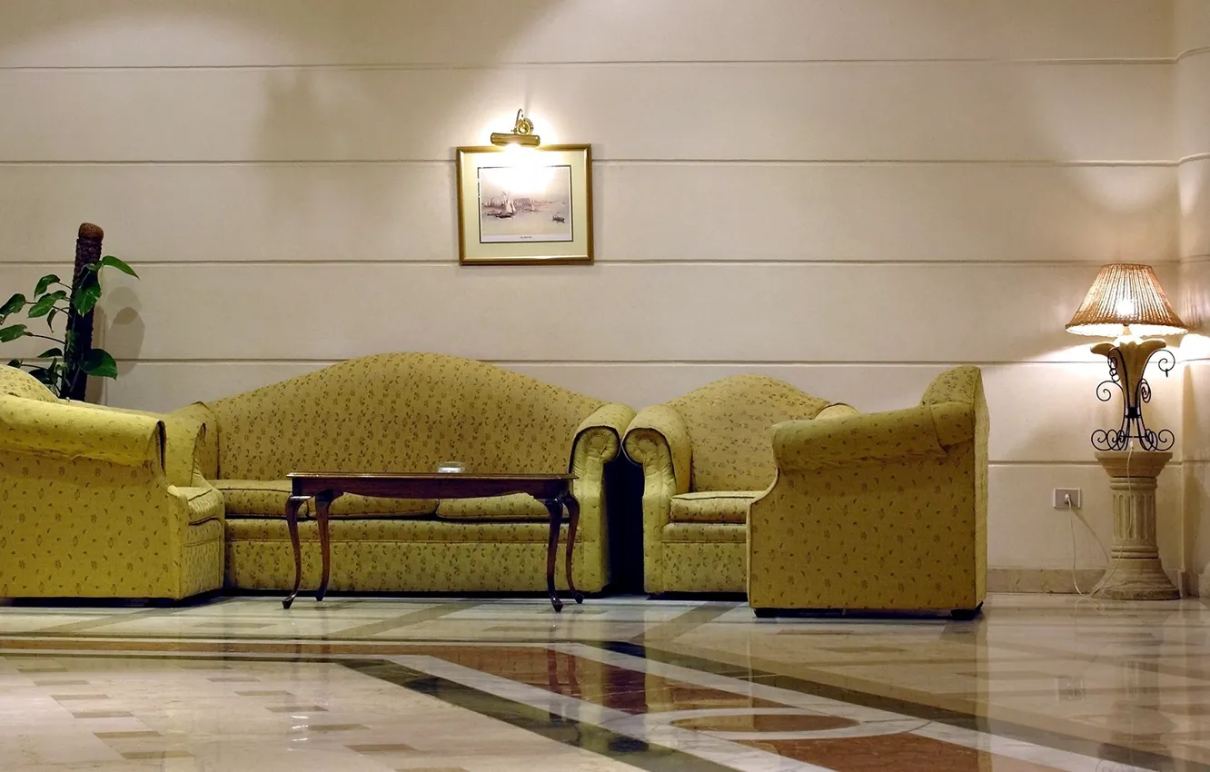 Photo wallpaper yellow, design, comfort, style, room, sofa, interior, chair