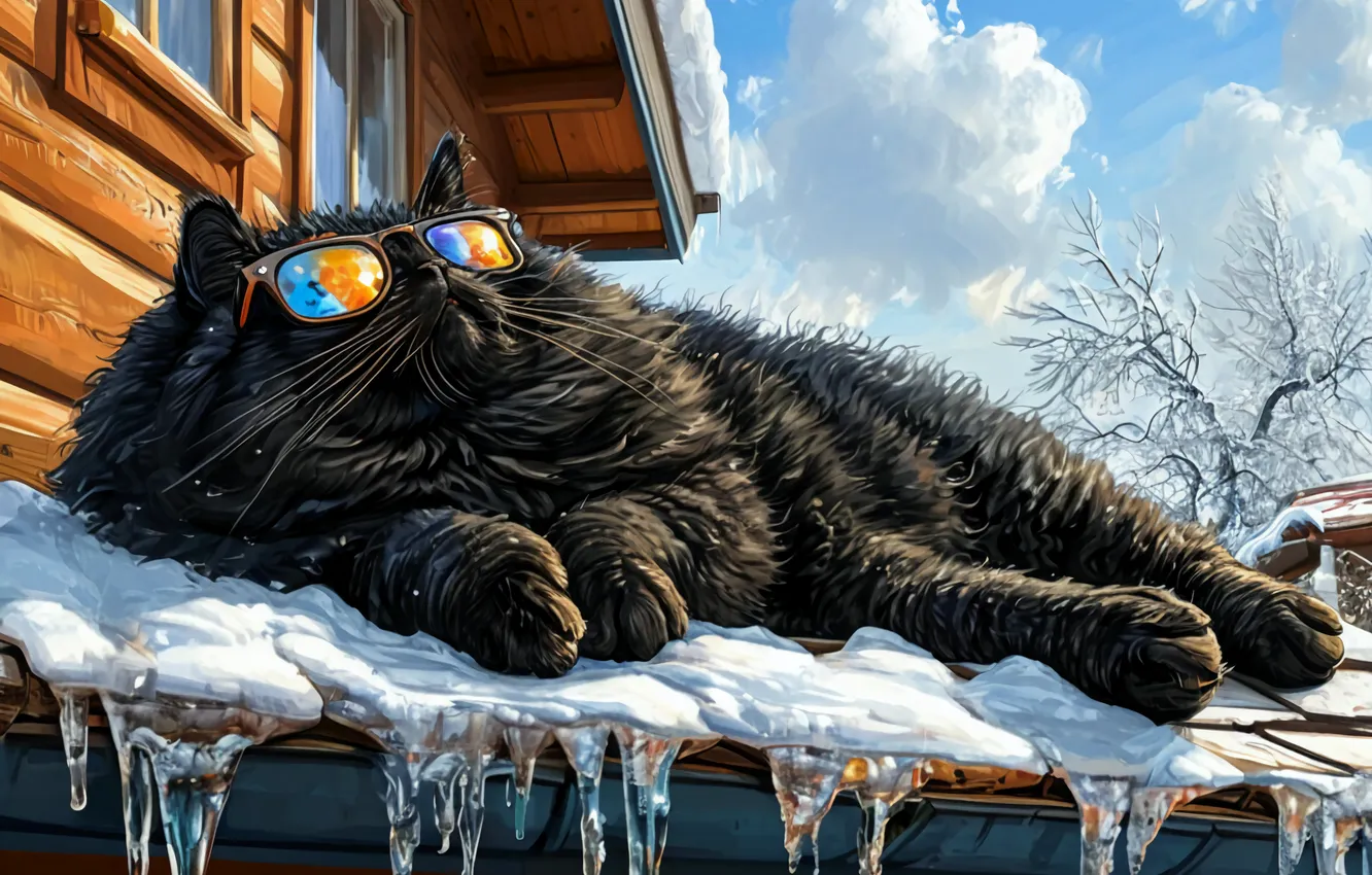 Photo wallpaper cat, cat, the sun, snow, black cat