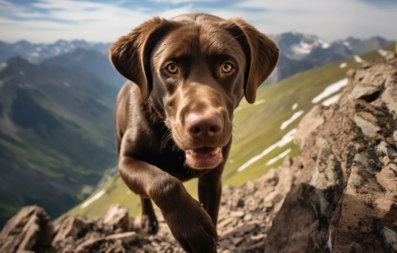 Photo wallpaper look, mountains, dog, Labrador, digital art, AI art, The Art of Artificial Intelligence, neural network