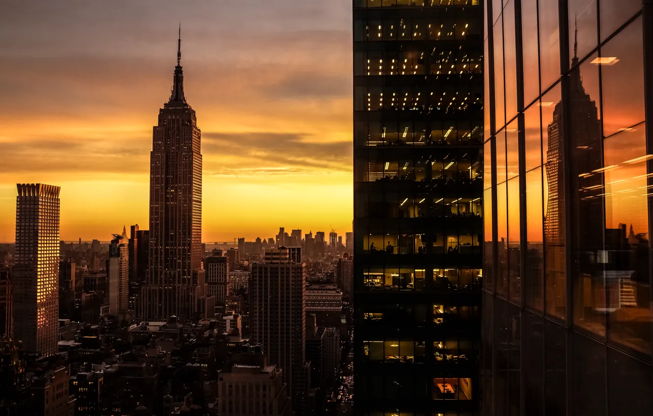 Photo wallpaper the sun, reflection, sunrise, New York, USA, skyscrapers, Manhattan, lights.morning