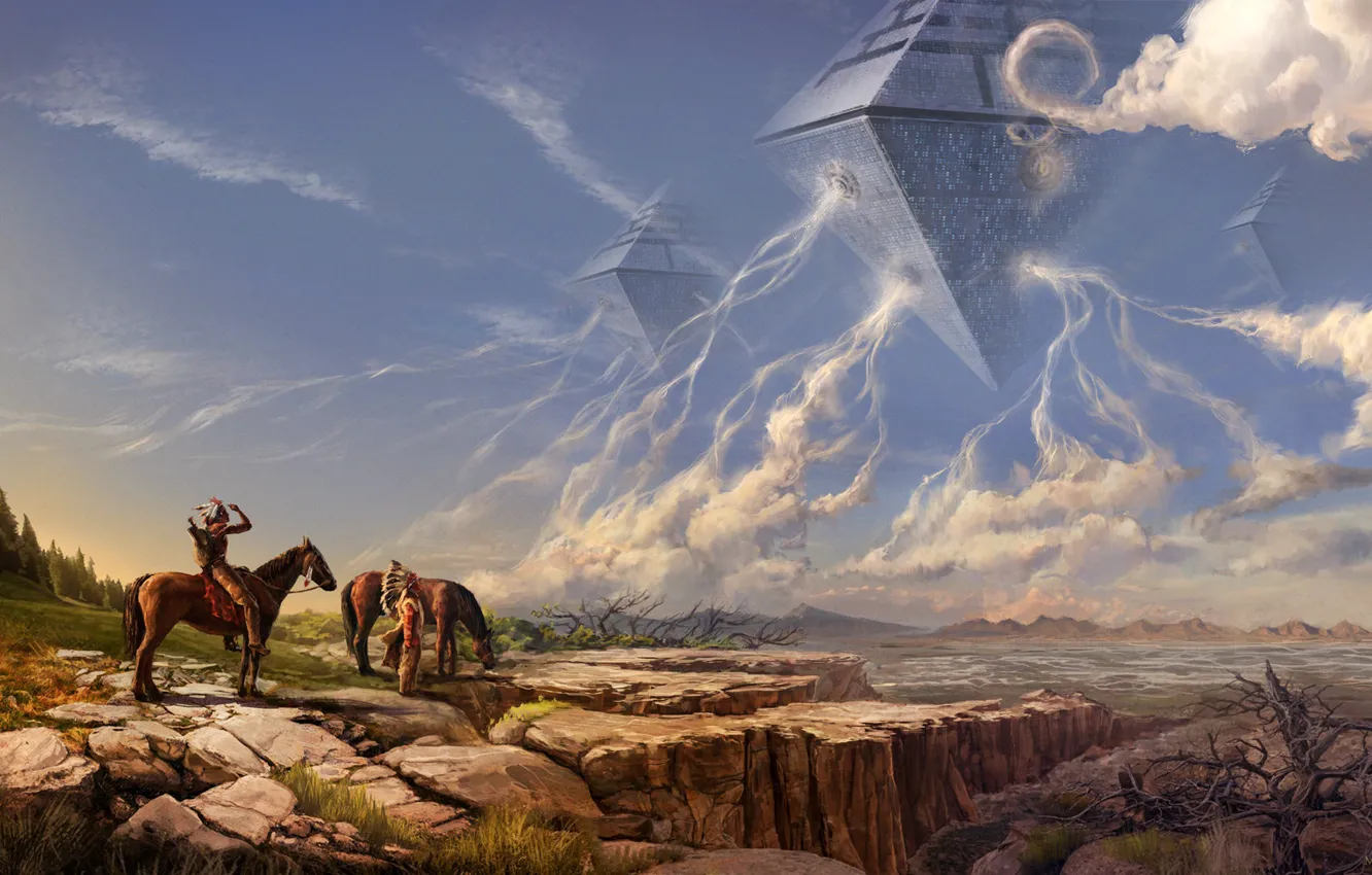 Photo wallpaper fantasy, nature, science fiction, sci-fi, men, horse, artist, spaceships