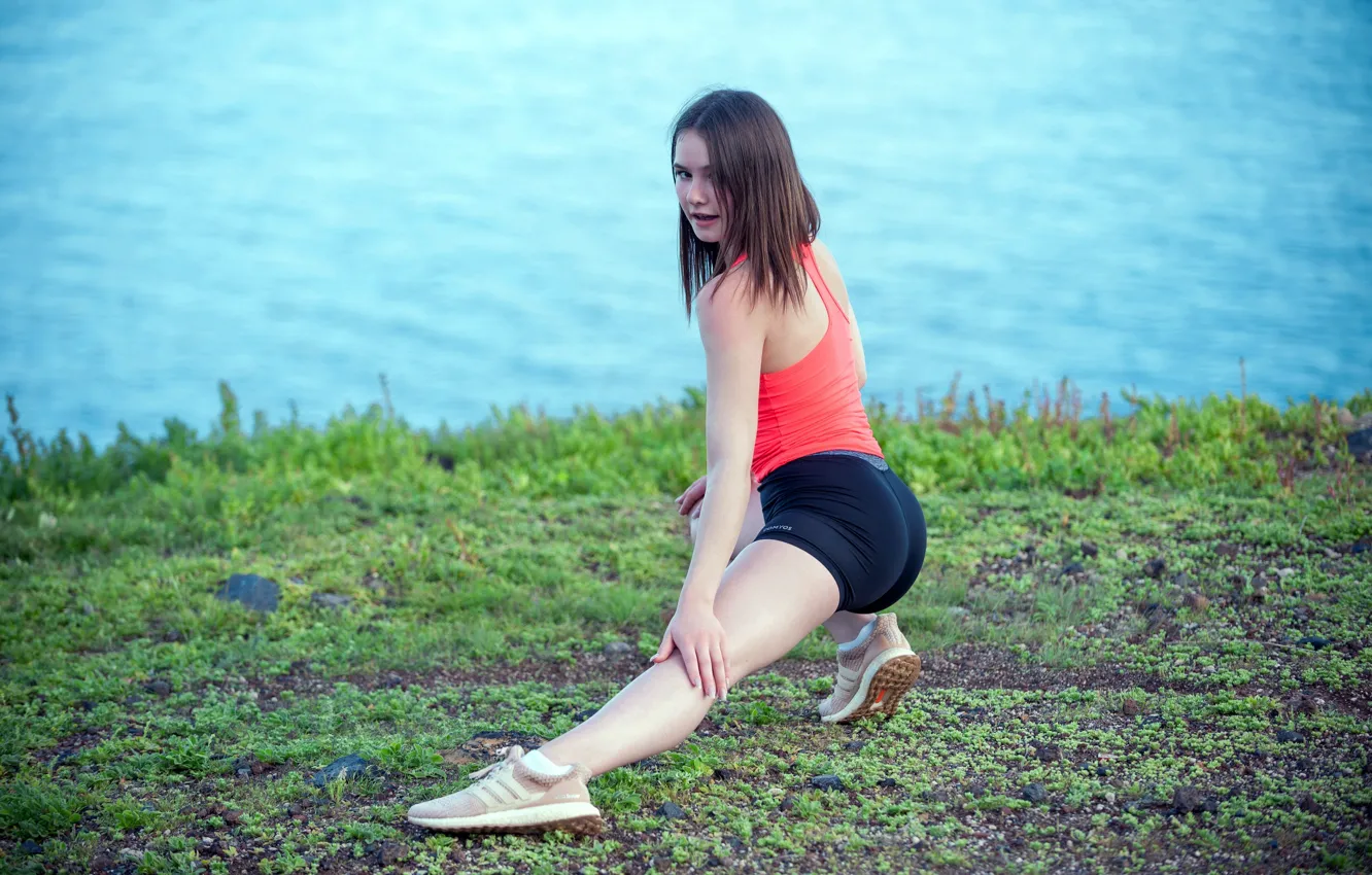 Photo wallpaper ocean, nature, model, brunette, sexy woman, posing, red top, workout