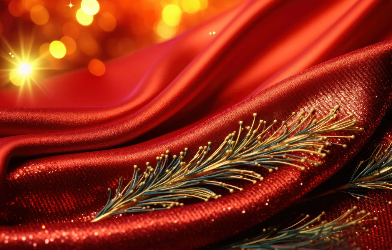 Photo wallpaper branches, lights, sprig, new year, texture, silk, Christmas, fabric