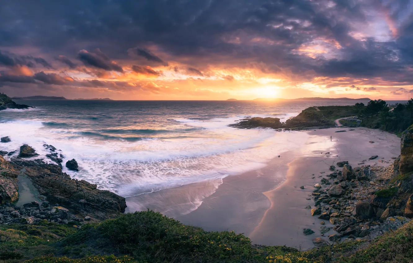 Photo wallpaper beach, sunset, the ocean, rocks, coast, Spain, Spain, The Atlantic ocean