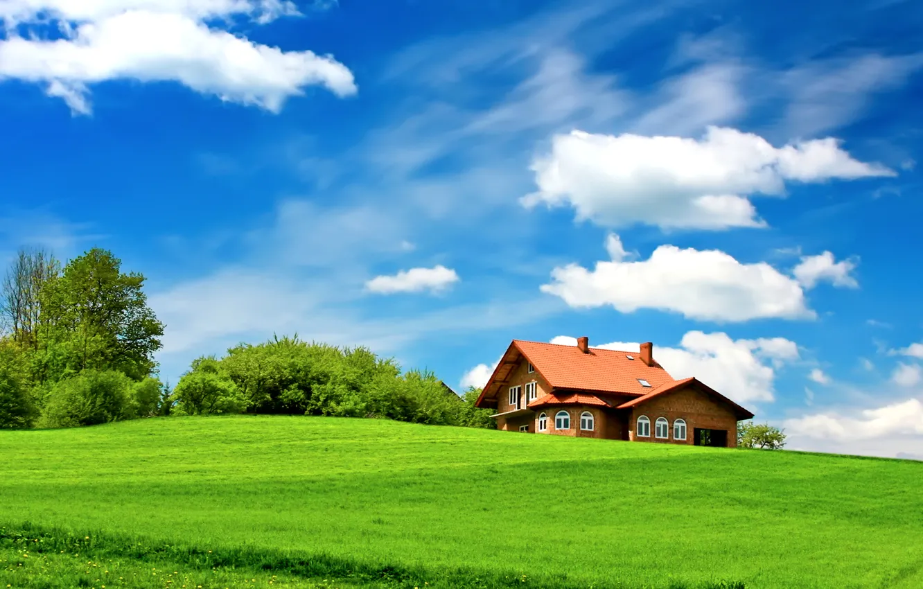 Photo wallpaper greens, field, the sky, grass, clouds, trees, house, the bushes