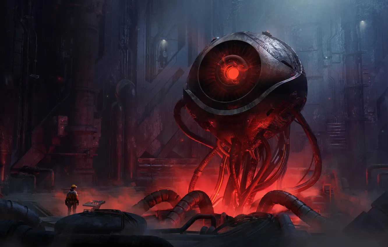 Photo wallpaper wire, something, pipe, hangar, alien, postapocalyptic, burning eyes