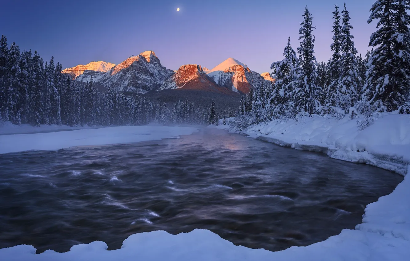 Photo wallpaper winter, snow, mountains, night, nature, river, the moon