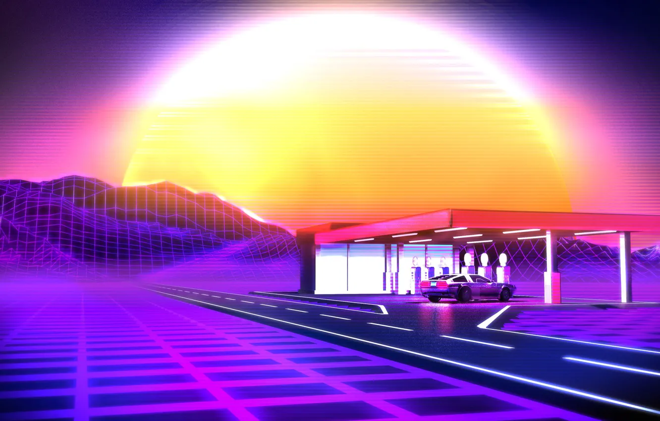 Photo wallpaper the sun, stars, style, music, background, DeLorean DMC-12, 80s, style