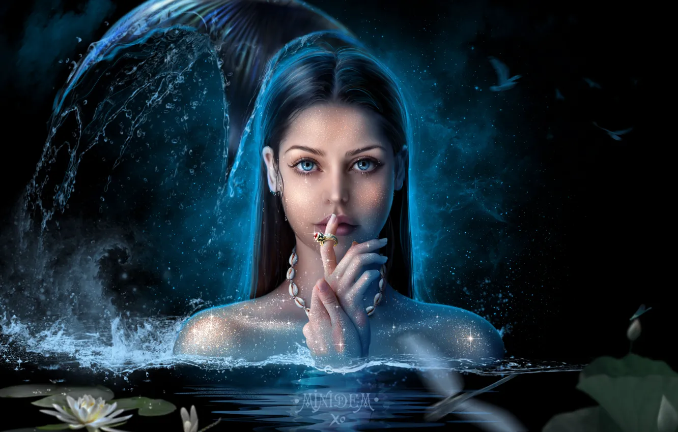 Photo wallpaper sea, bird, Lily, mermaid, dragonfly