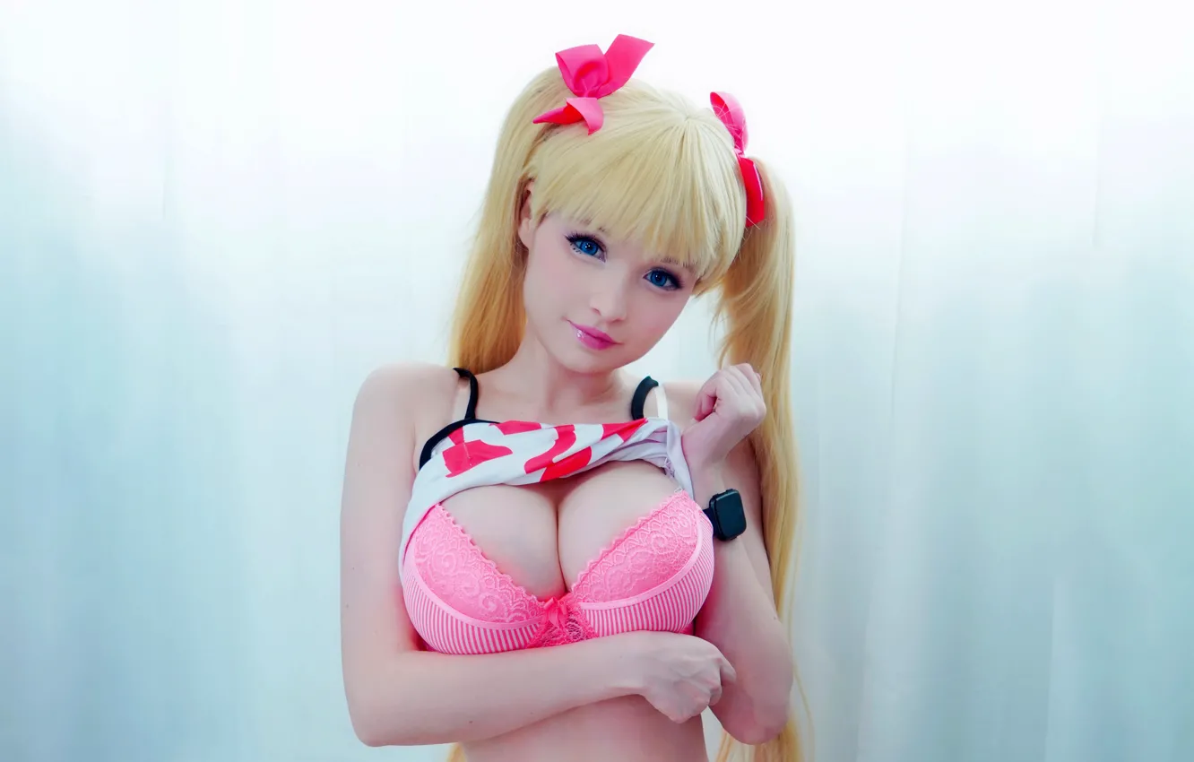 Photo wallpaper girl, sexy, long hair, boobs, smile, blue eyes, beautiful, twintails