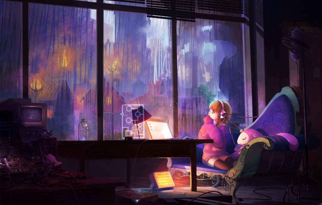 Photo wallpaper computer, girl, room, rain, wire, Windows, art, chobits