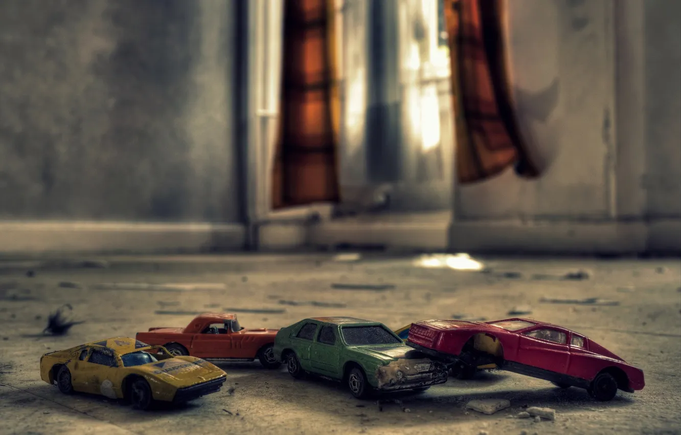 Photo wallpaper room, toy, window, curtains, car, sunlight