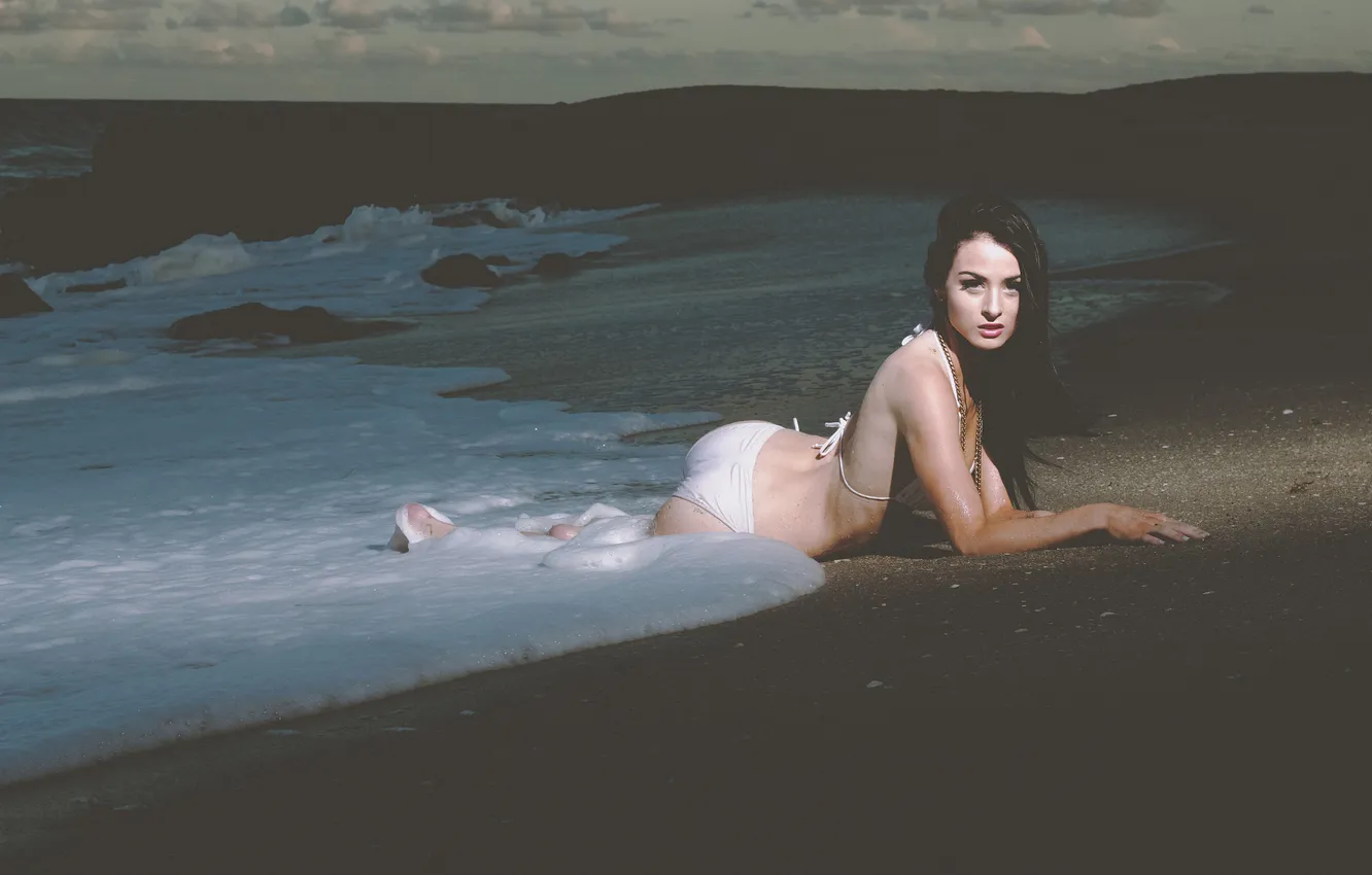 Photo wallpaper sand, swimsuit, water, girl, wave, brunette