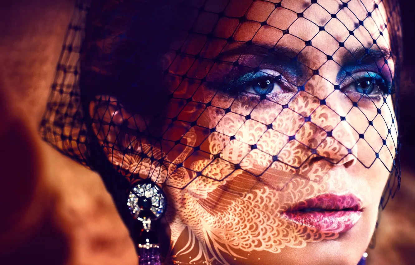 Photo wallpaper eyes, face, mesh, earrings, makeup, actress, lips, peacock