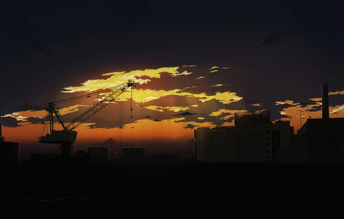 Photo wallpaper the sky, clouds, sunset, the city, plant, crane, the evening, art