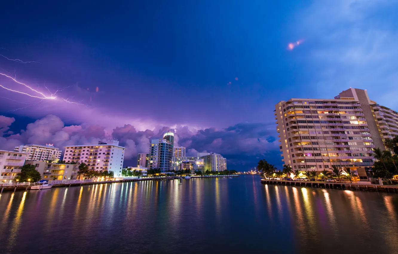 Photo wallpaper the sky, clouds, lights, lightning, Miami, the evening, FL, Miami