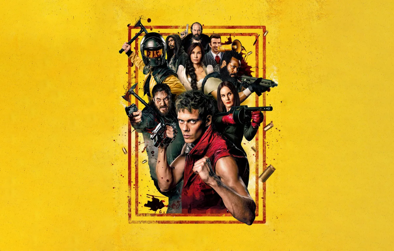 Photo wallpaper characters, yellow background, 2023, Boy Kills World