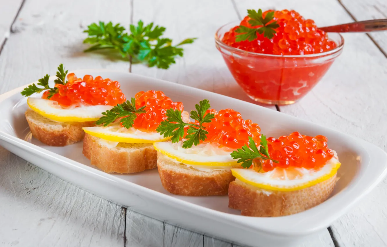 Photo wallpaper lemon, bread, parsley, red caviar, buterbrodi