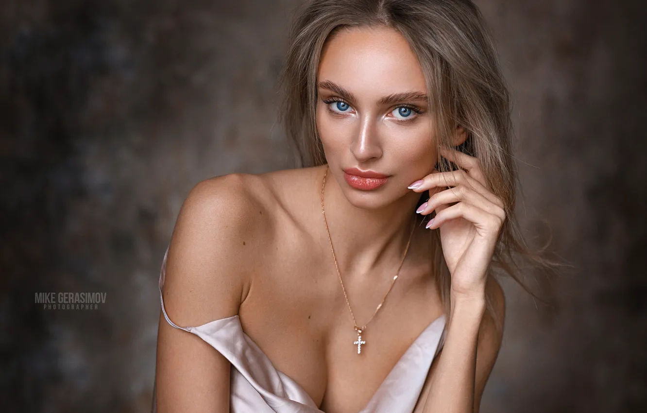 Photo wallpaper look, girl, model, portrait, blue eyes, cross, Lera, Mikhail Gerasimov
