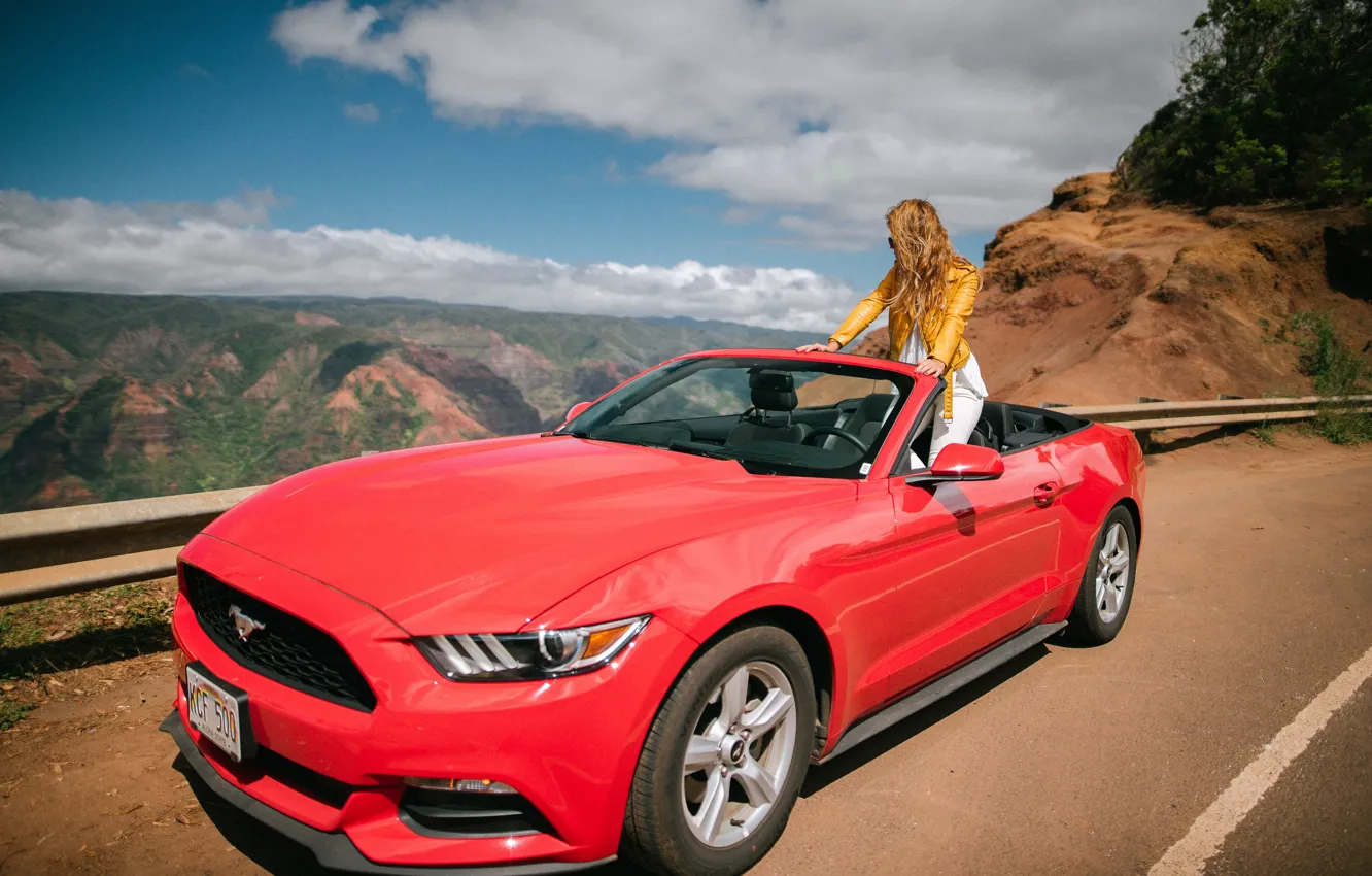 Photo wallpaper road, girl, mountains, Mustang, Ford, convertible, Ford Mustang