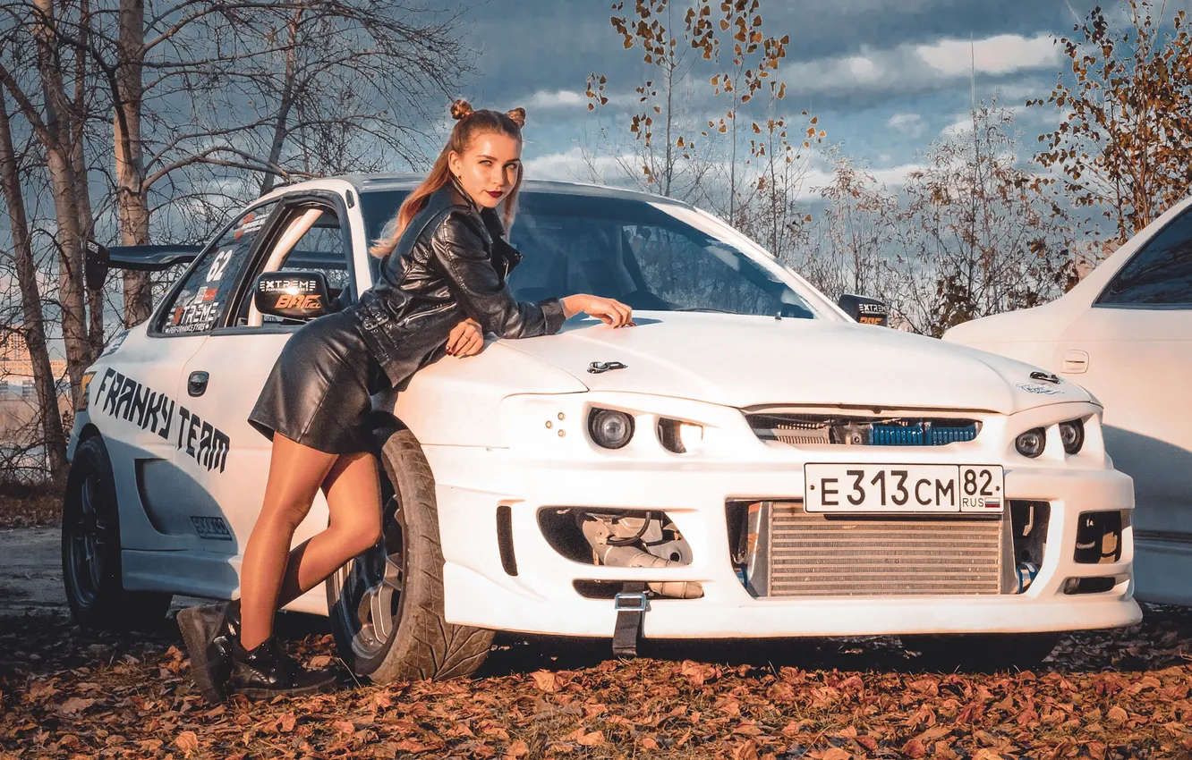 Photo wallpaper beautiful, jacket, miniskirt, girl, cute, model, long-haired, car