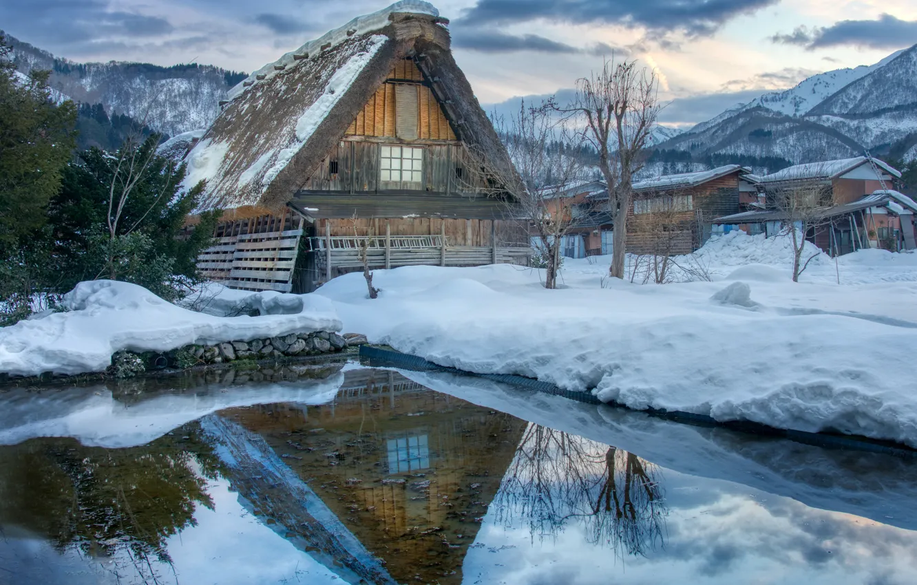 Photo wallpaper winter, water, snow, clouds, house, village, Japan, Shirakawa-go