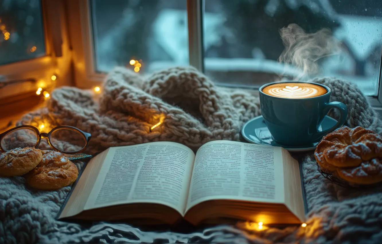Photo wallpaper winter, night, comfort, coffee, hot, the evening, cookies, window