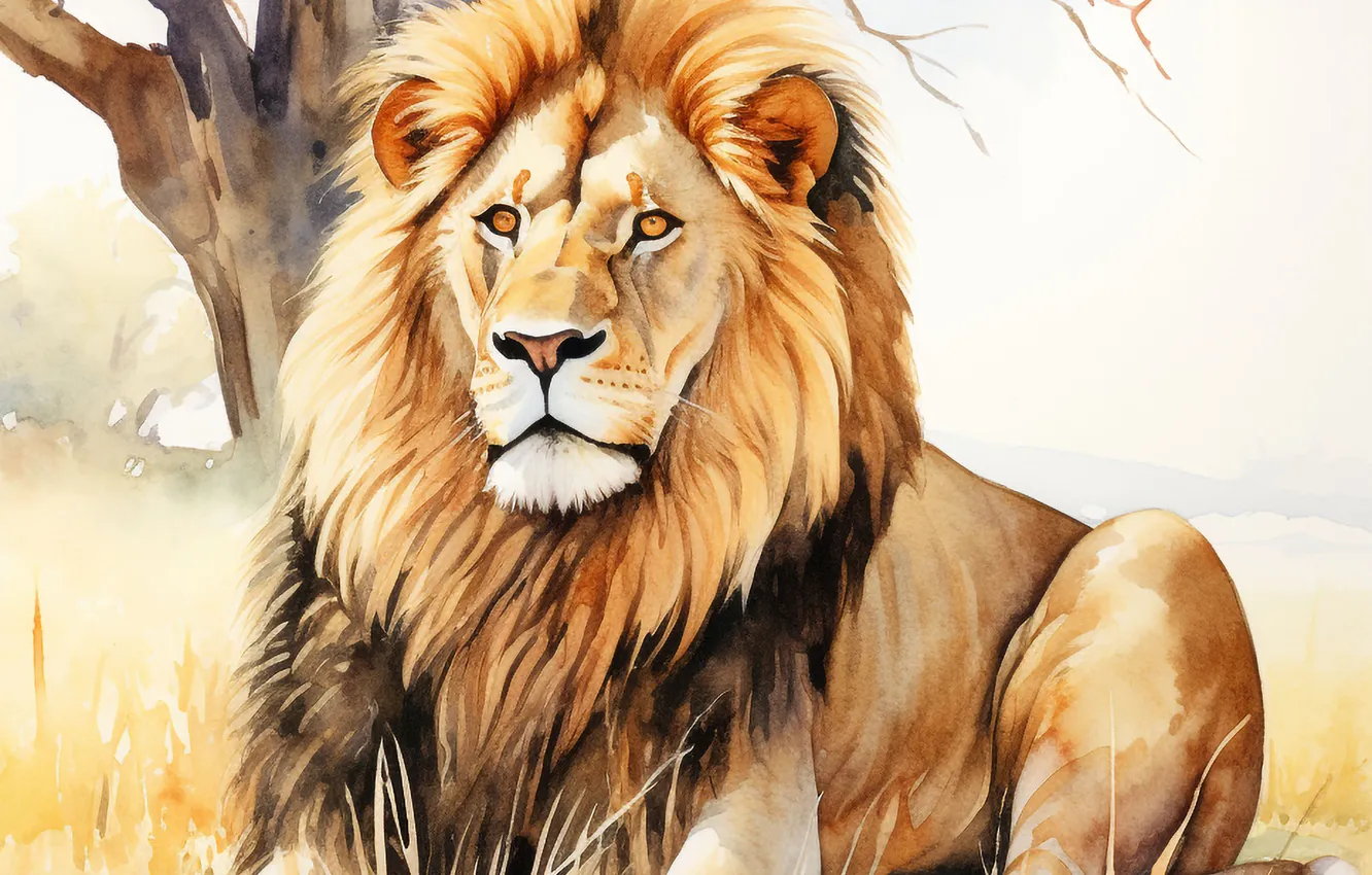 Photo wallpaper look, face, trees, predator, Leo, art, big cat, digital art