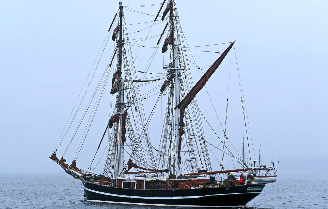 Photo wallpaper sea, fog, sailboat