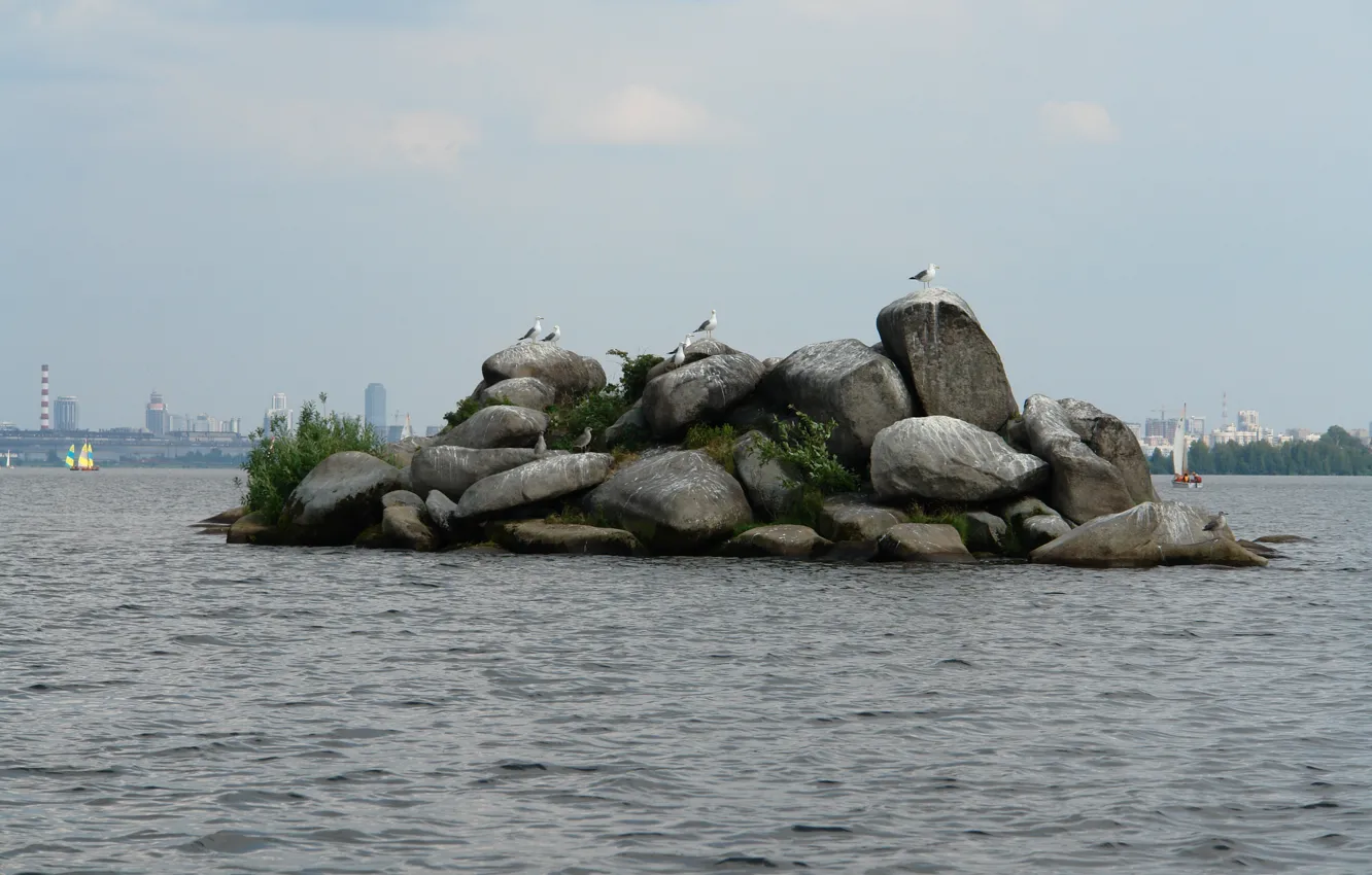 Photo wallpaper lake, yachts, Island, stone, of Patos