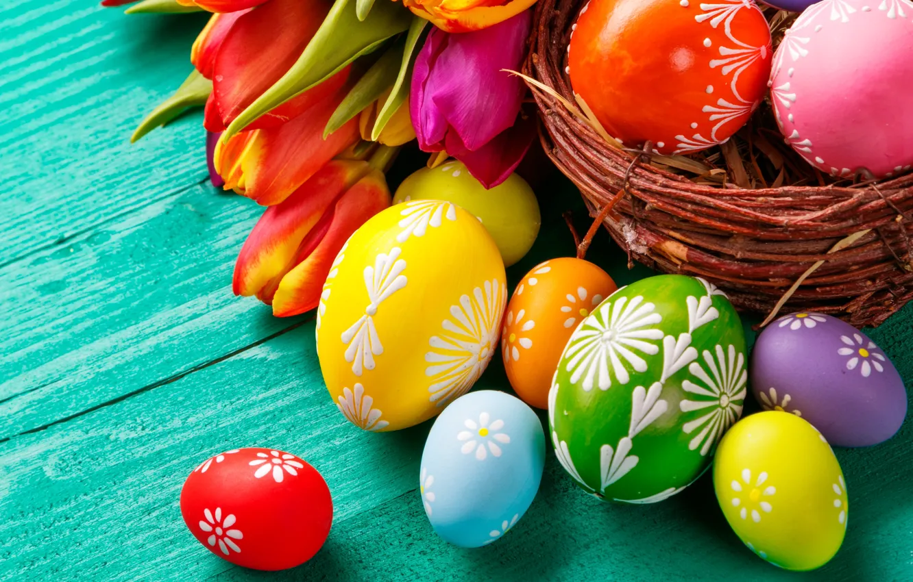 Photo wallpaper flowers, spring, colorful, Easter, tulips, wood, flowers, tulips