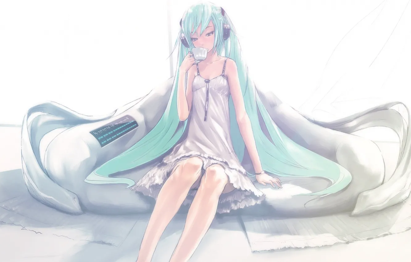 Photo wallpaper sofa, headphones, Cup, vocaloid, hatsune miku, long hair, Vocaloid, white sundress