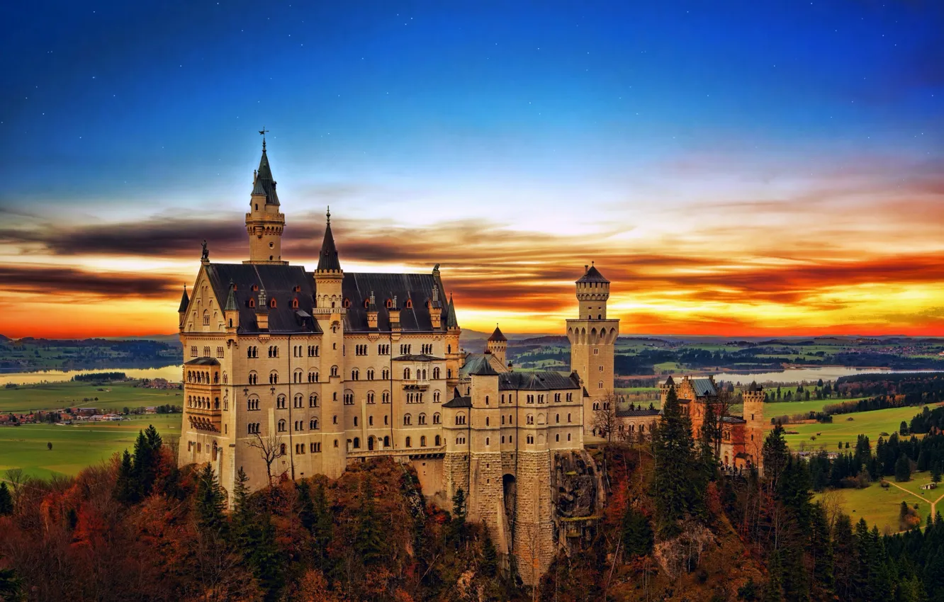 Photo wallpaper trees, sunset, castle, Germany, Bayern, Germany, Neuschwanstein, Bavaria