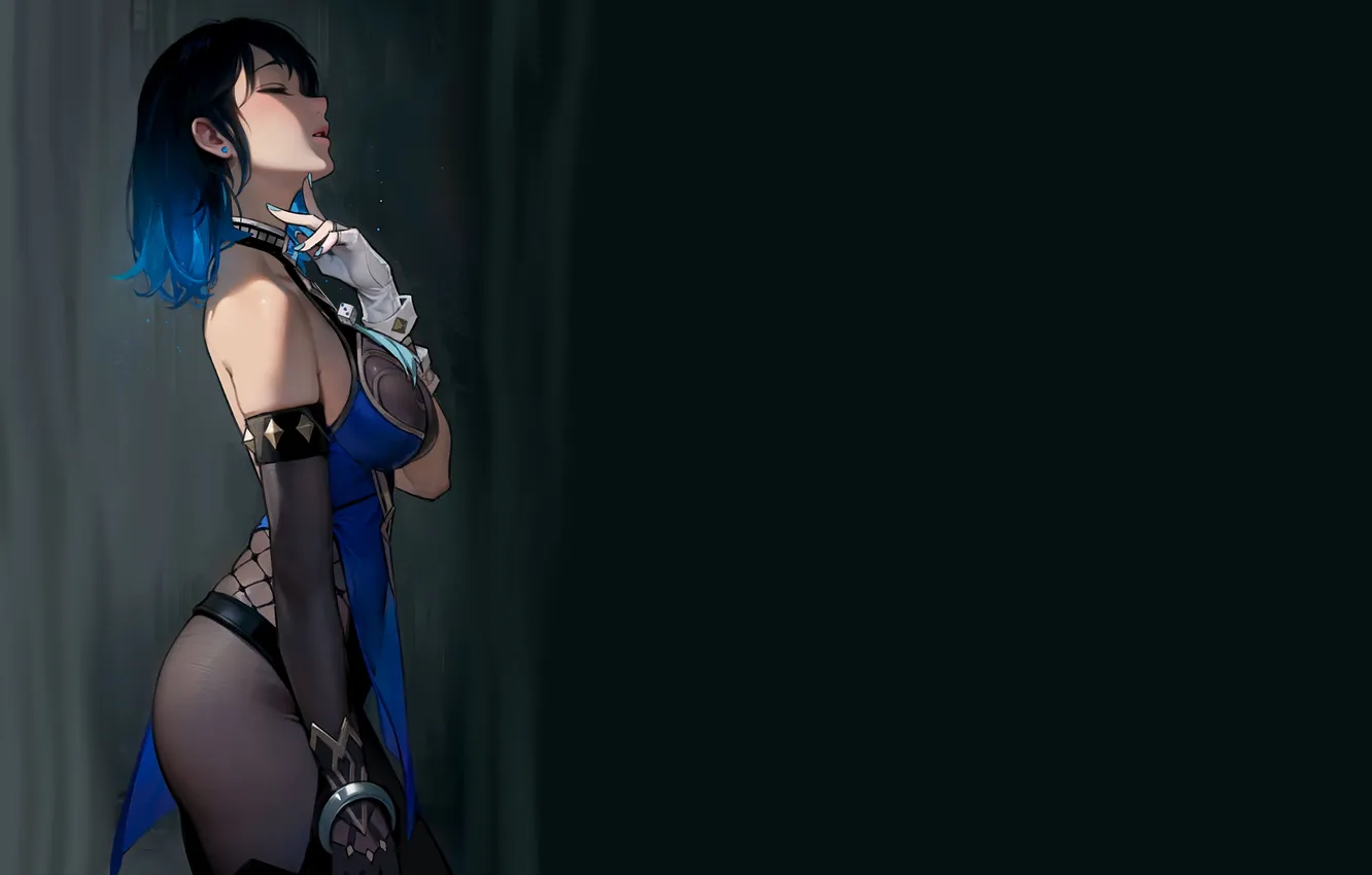 Photo wallpaper girl, hot, sexy, blue, anime, short hair, babe, tights