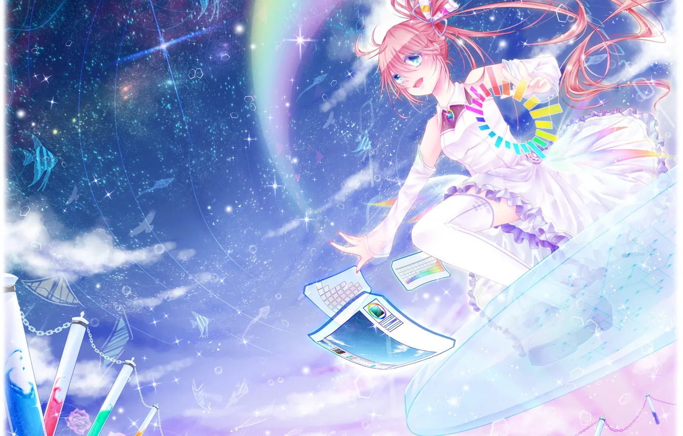 Photo wallpaper the sky, leaves, girl, stars, fish, bird, rainbow, anime