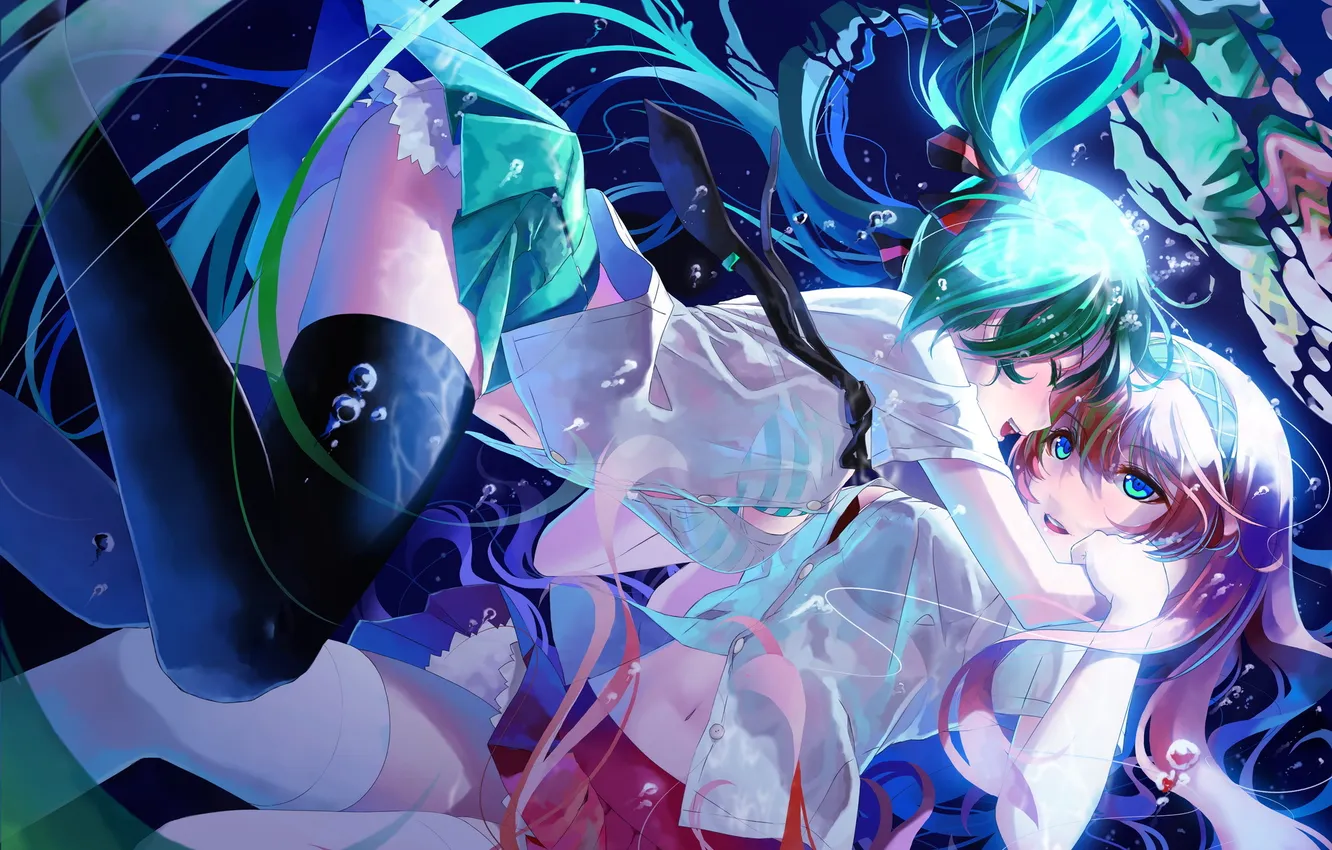 Photo wallpaper girl, bubbles, art, hugs, vocaloid, megurine luka, under water, Vocaloid