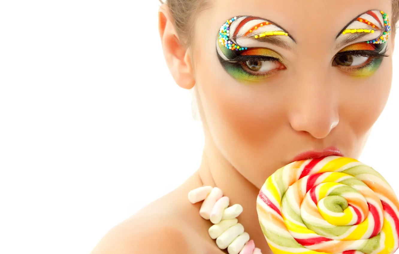 Photo wallpaper girl, makeup, candy, lollipops, candy, makeup