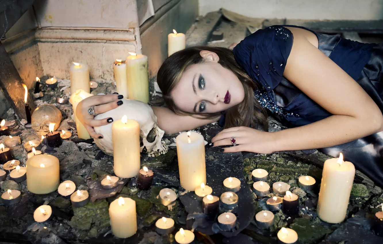 Photo wallpaper girl, skull, ritual, candles