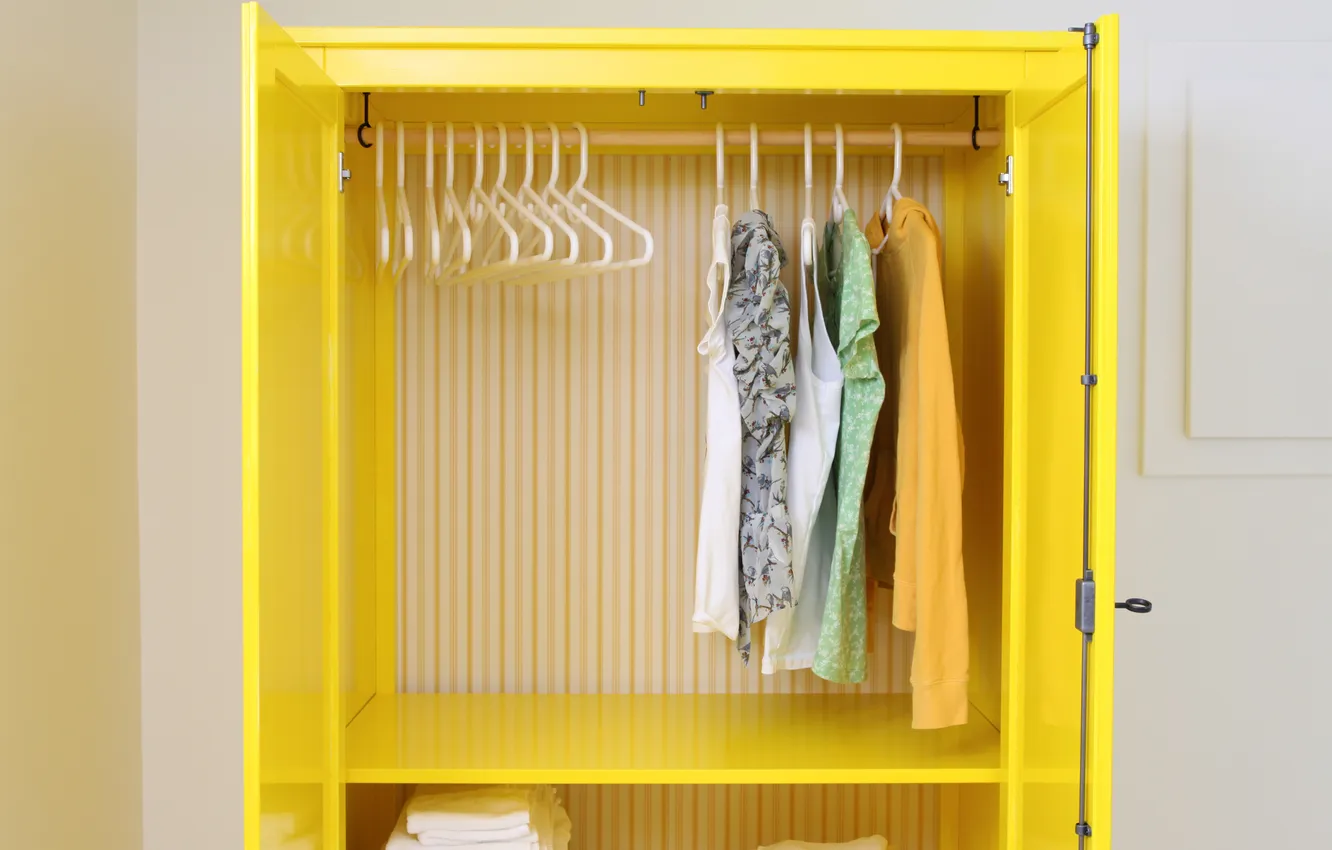Photo wallpaper yellow, things, wardrobe, hanger, closet