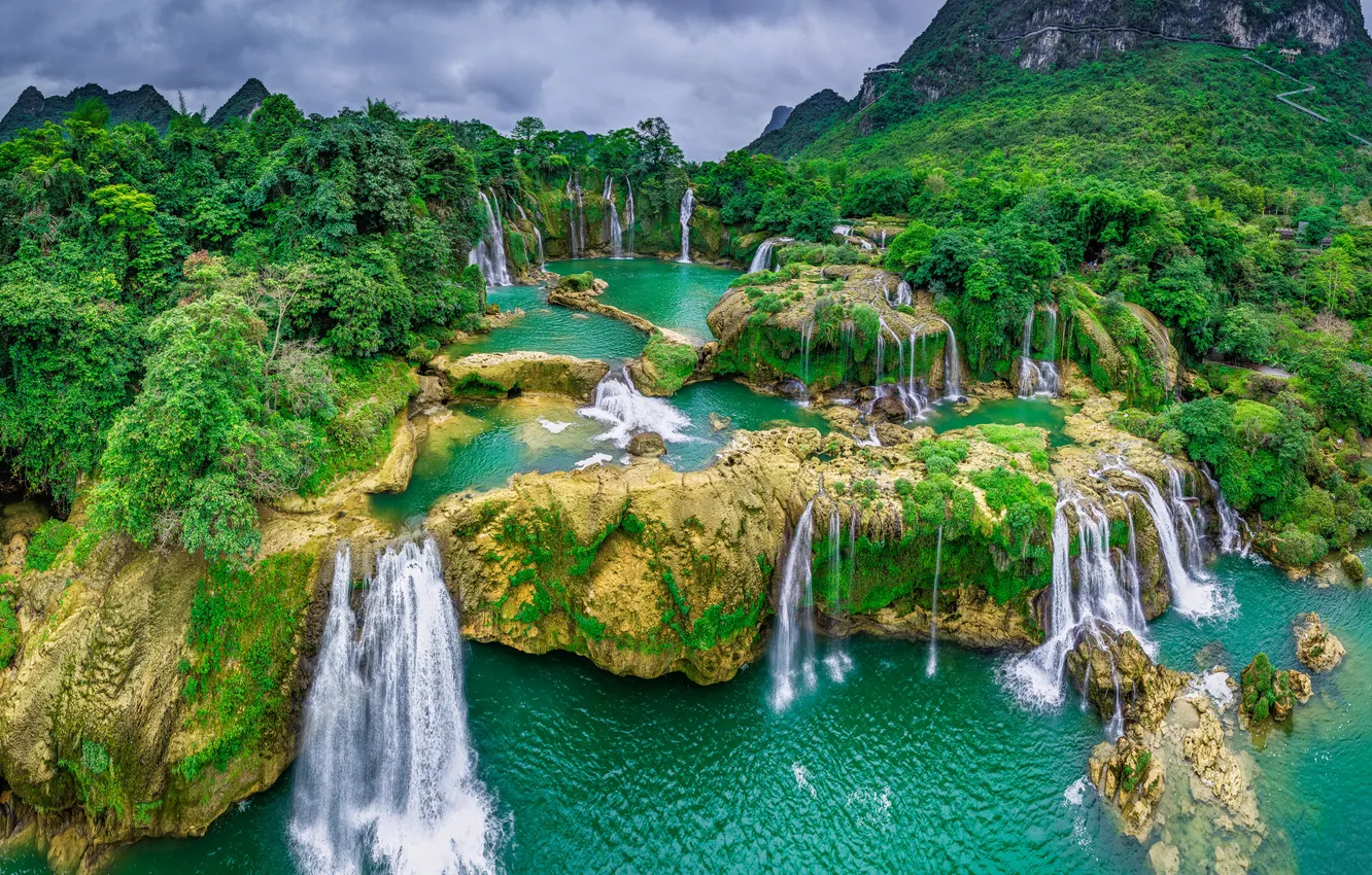 Photo wallpaper trees, mountains, rocks, waterfall, Vietnam, Ban Gioc Falls