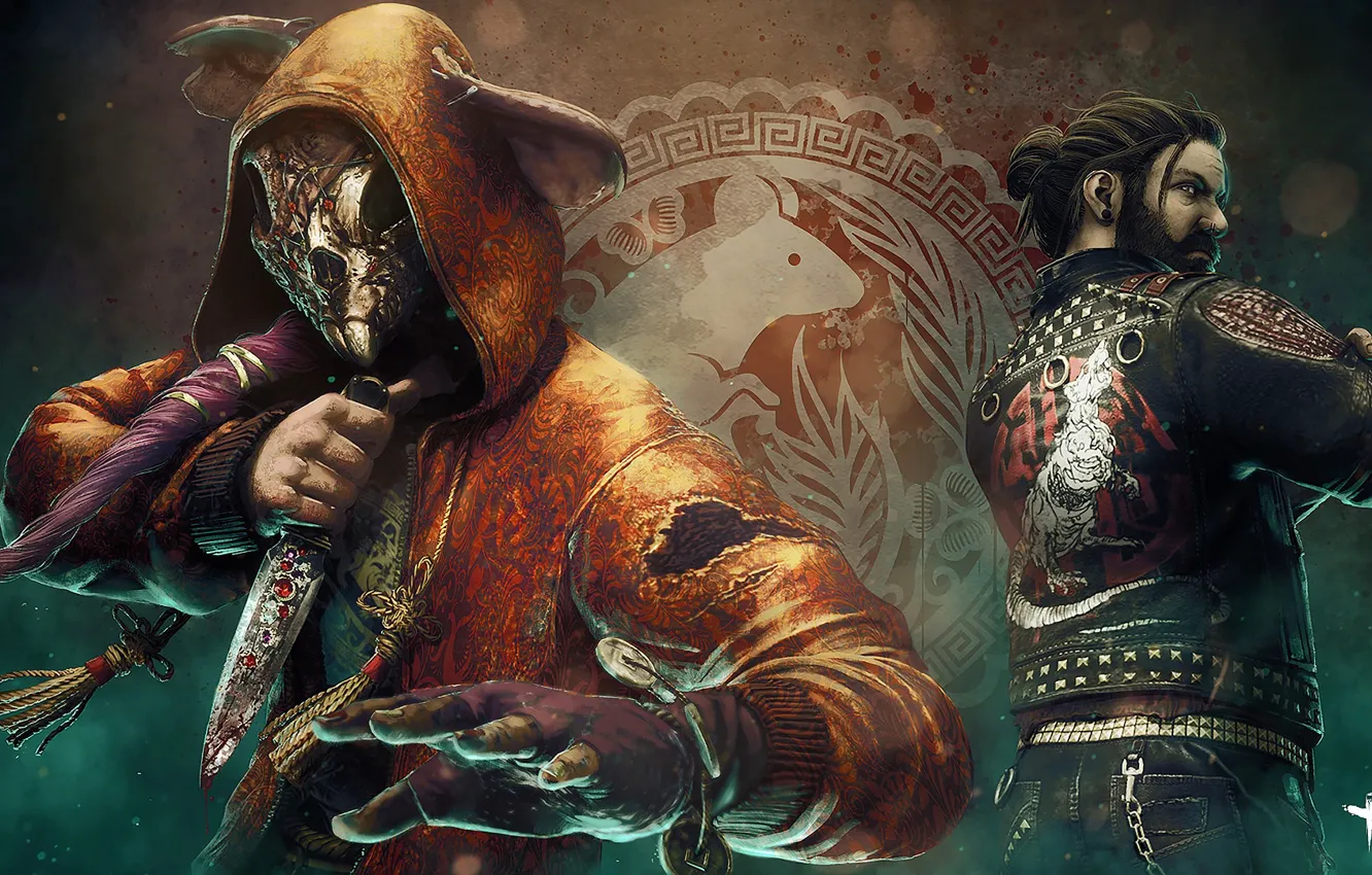 Photo wallpaper blood, skull, man, mask, jacket, knife, hood, guy