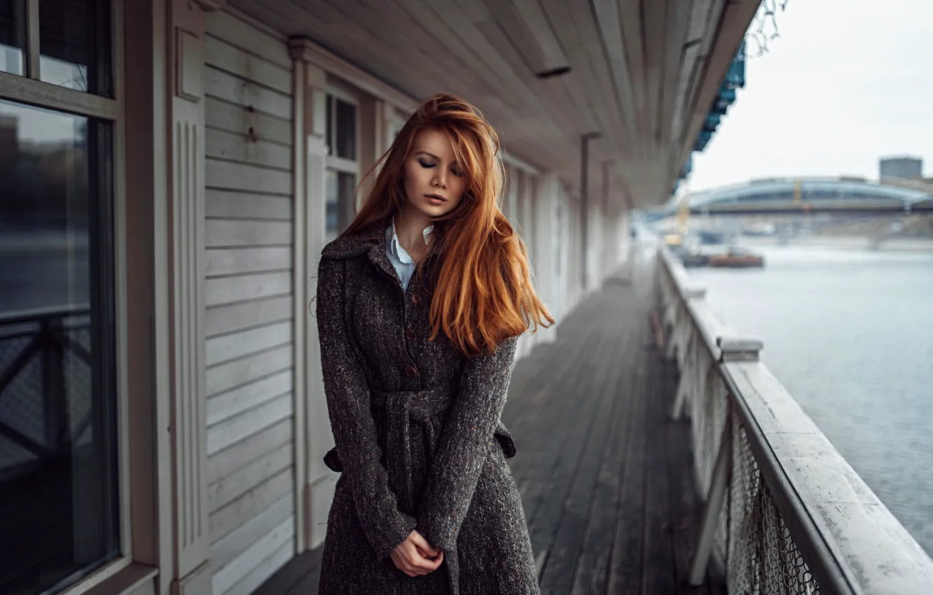 Photo wallpaper girl, river, Russia, redhead, coat, George Chernyadev, Tonya