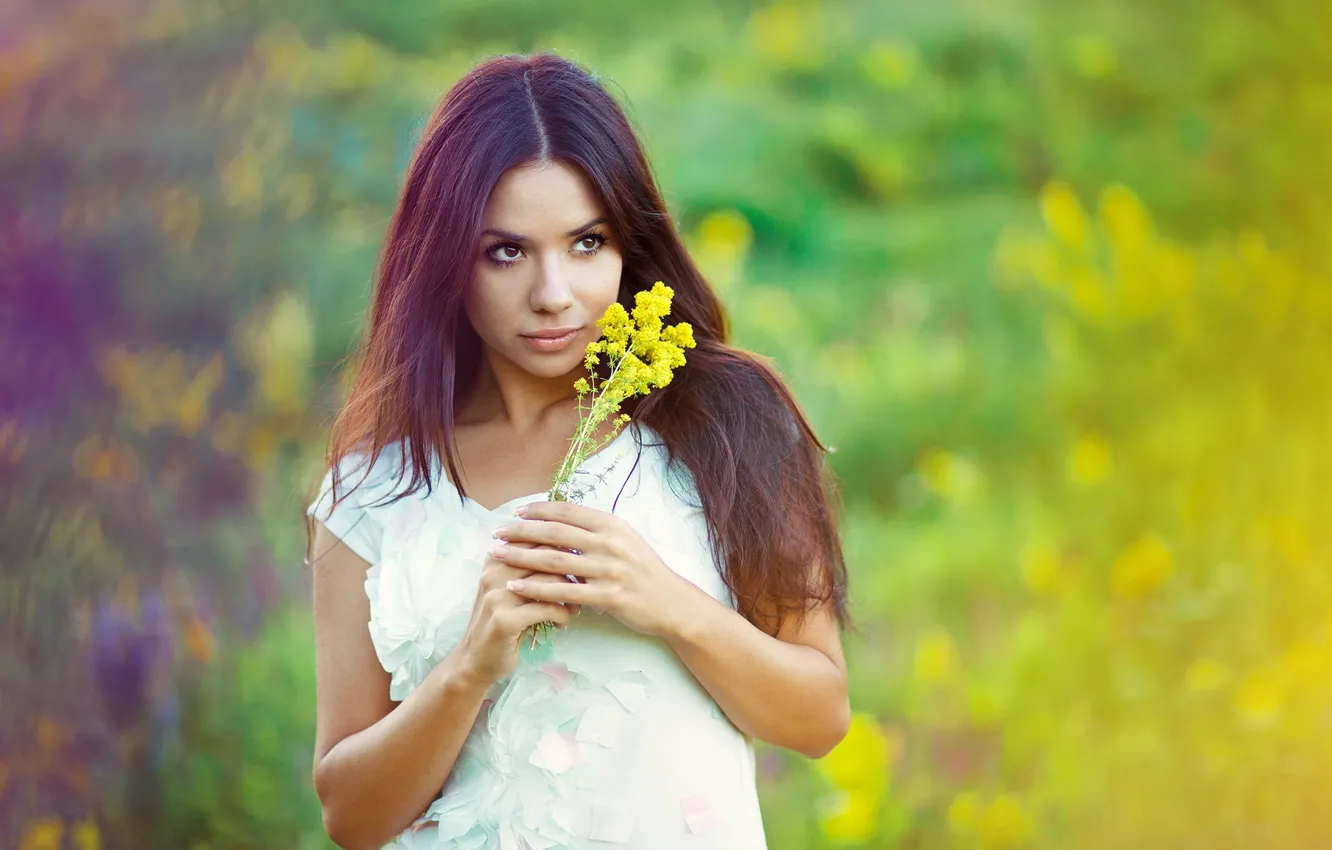 Photo wallpaper girl, flowers, portrait, bokeh