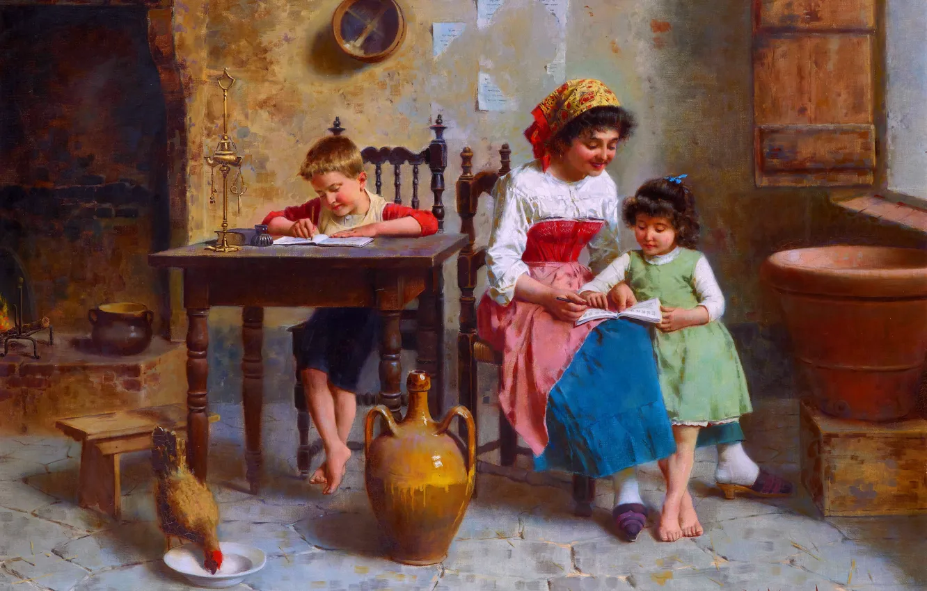 Photo wallpaper girl, children, table, picture, Italian painter, Eugenio Zampighi, Time to study, Eugenio Eduardo Zampighi
