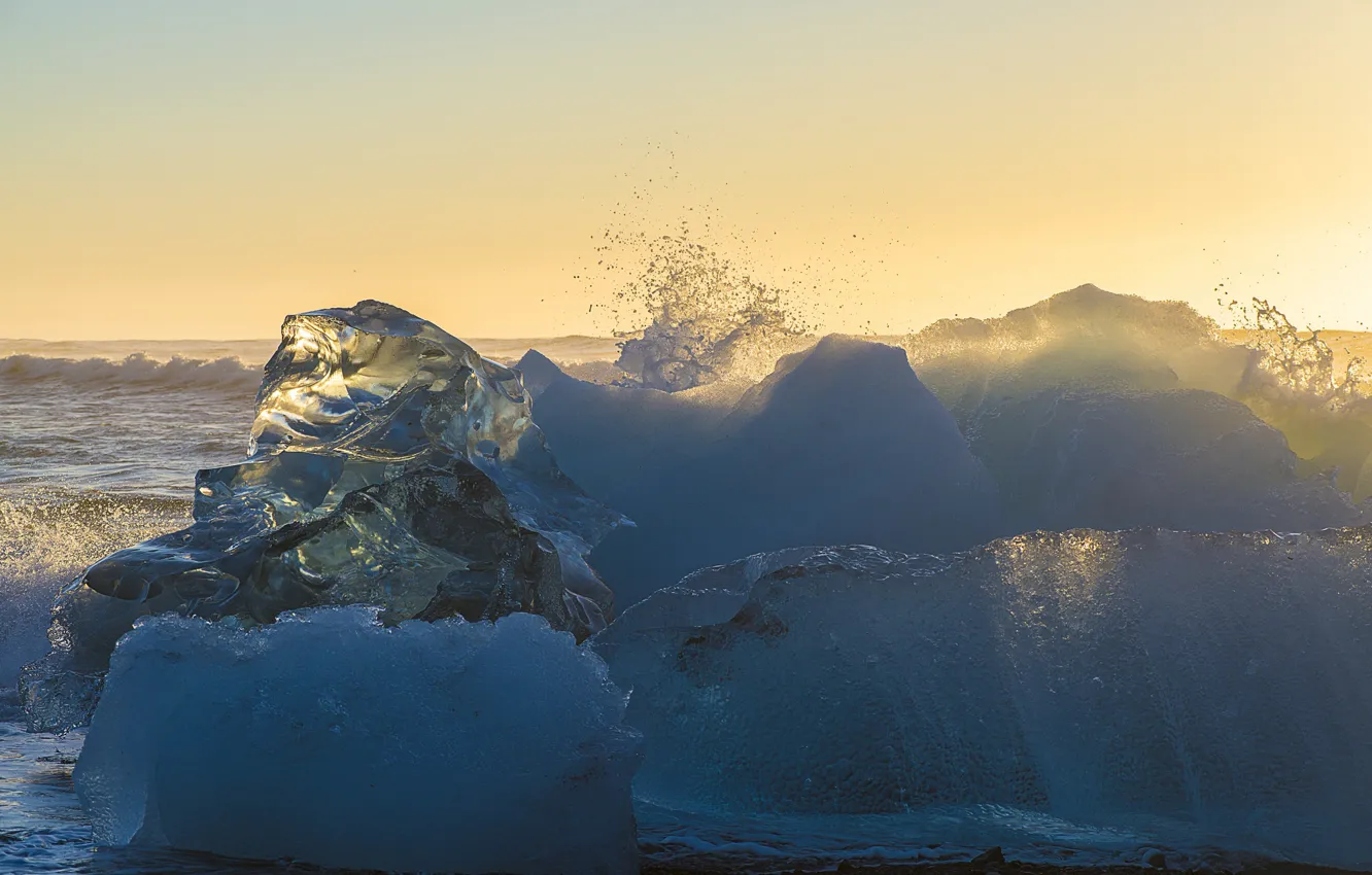 Photo wallpaper waves, ice, beach, sea, ocean, sunset, splash, sunlight