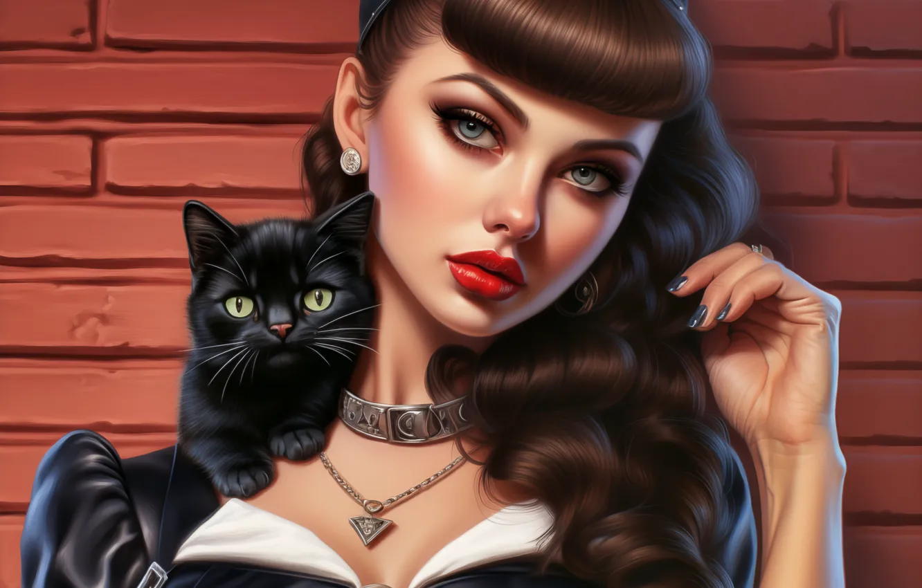 Photo wallpaper cat, chest, look, girl, decoration, style, wall, black