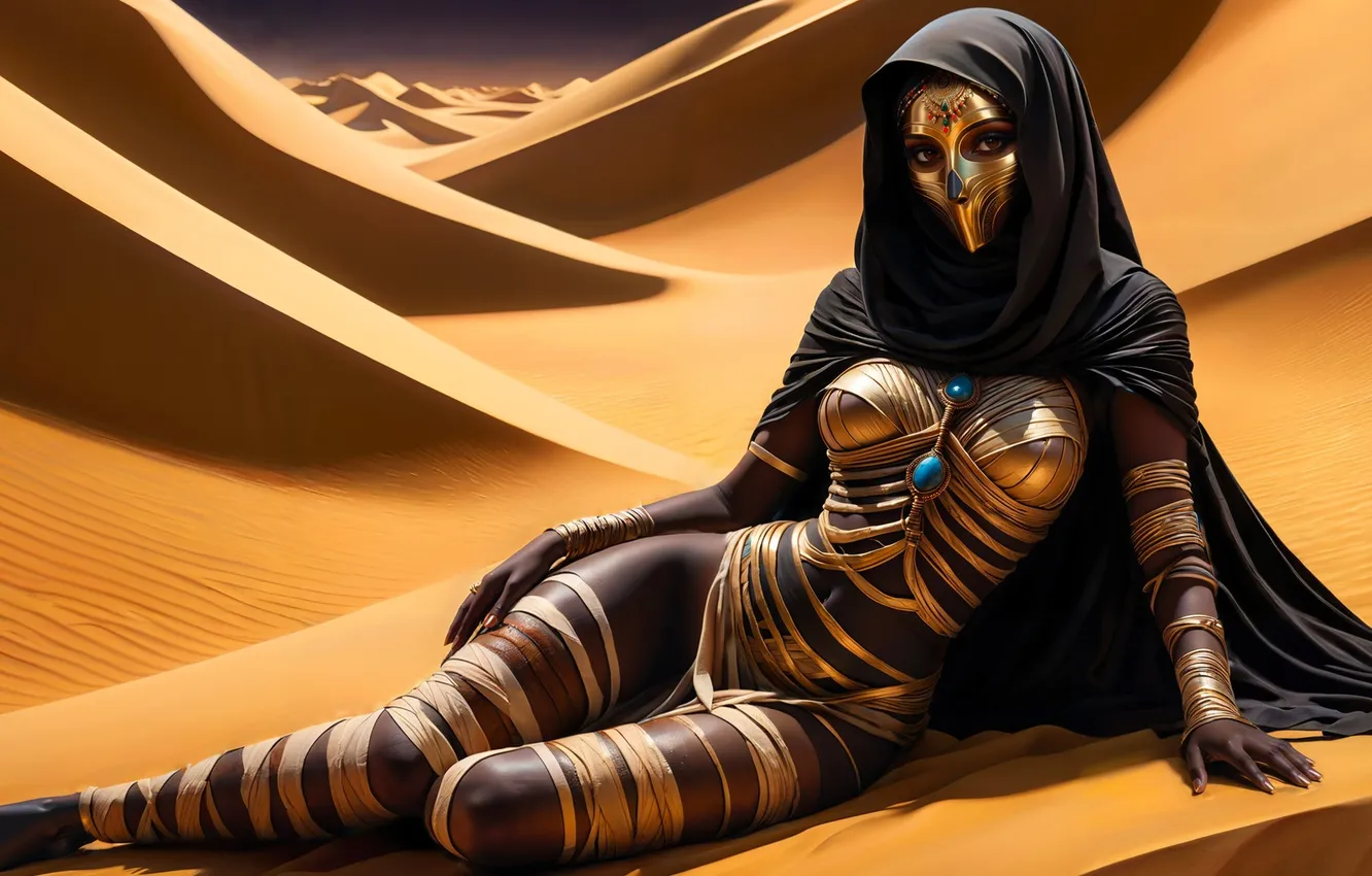 Photo wallpaper sand, decoration, desert, mask, outfit, Egypt, goddess, bandages