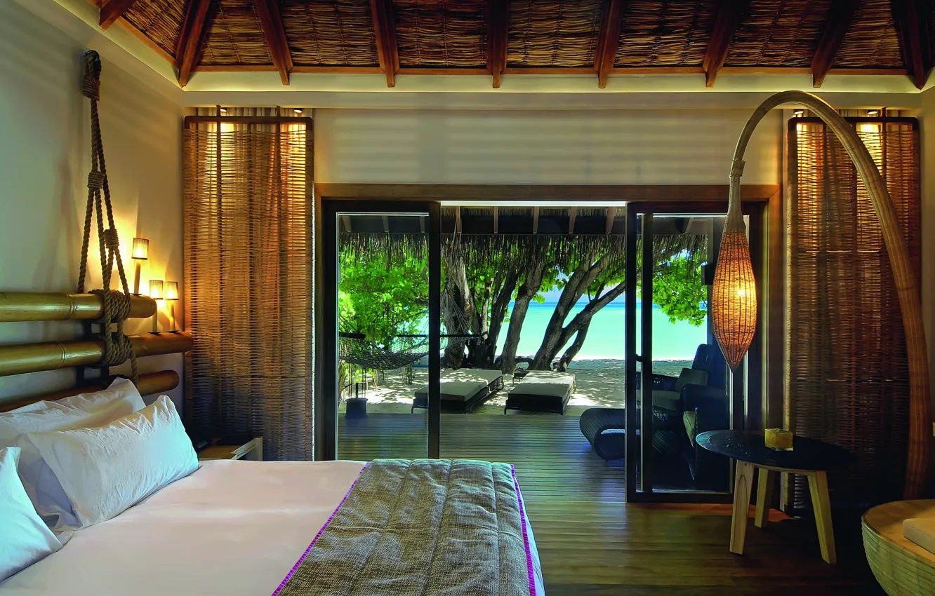 Photo wallpaper sea, beach, design, style, room, tree, bed, interior
