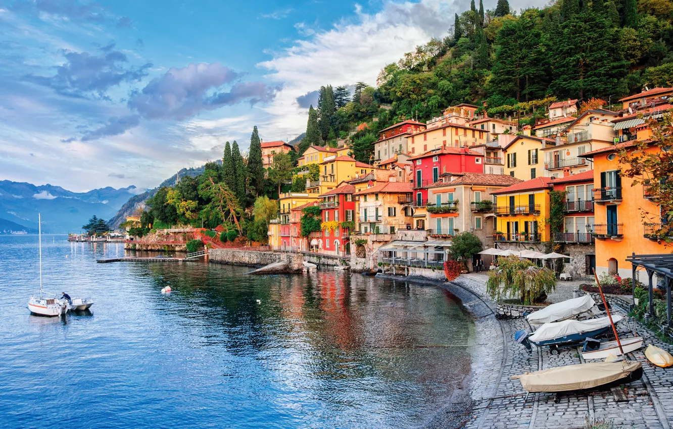 Photo wallpaper lake, home, boats, Italy, Como, Menaggio